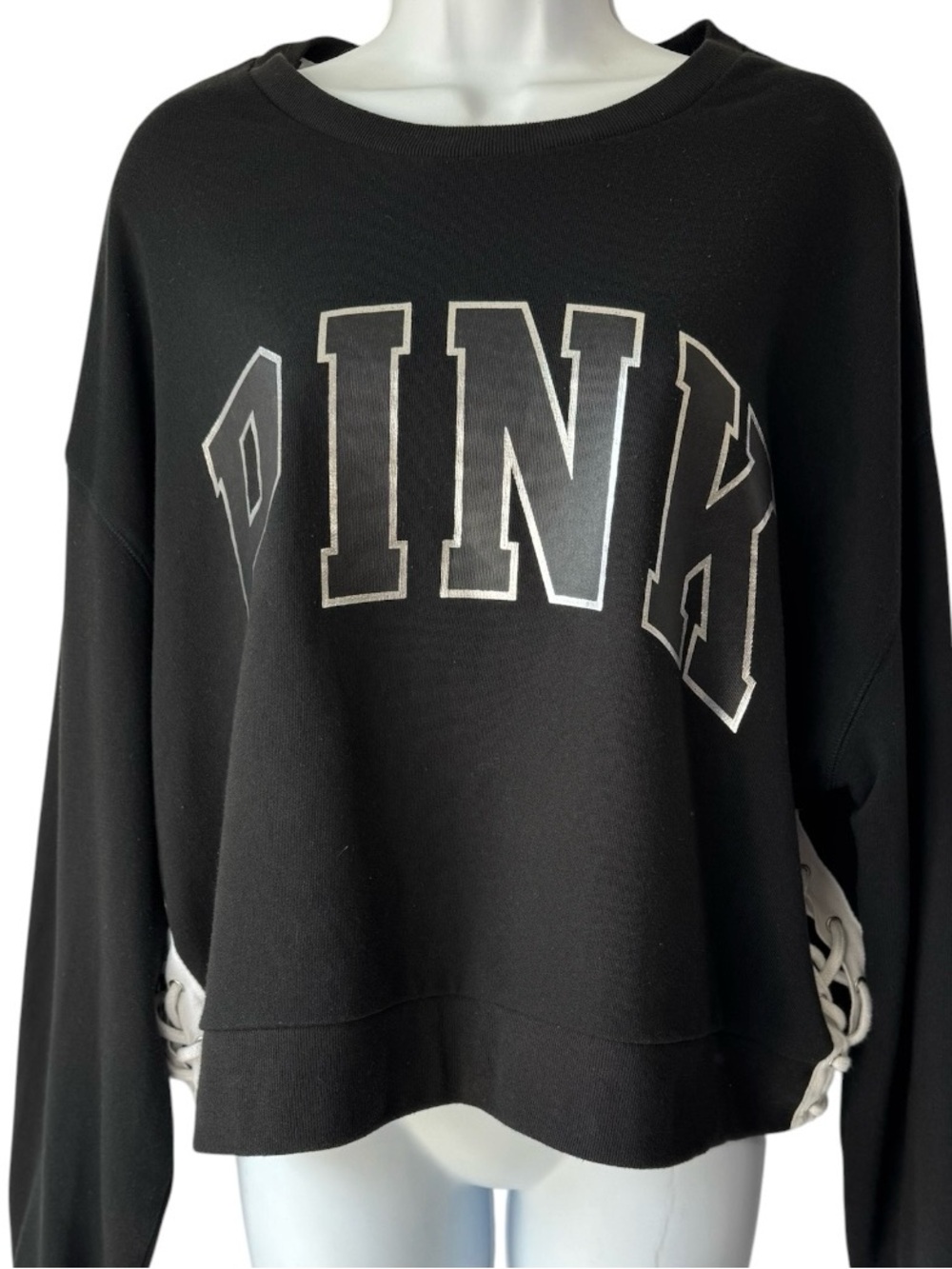 Victoria's Secret PINK Womens Cropped Sweatshirt Size Large Black Logo Lace Up
